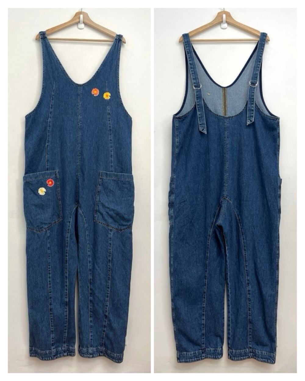 Free People High Roller Jumpsuit Denim Flowers Slouchy Drop-Crotch Overalls XL